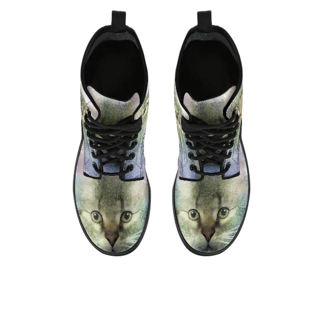Cute Cat Face Women's Vegan Leather Combat Boots